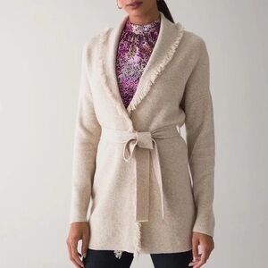 NWT White House Black Market Fringe Trim Heather Biscotti Belted Cardigan